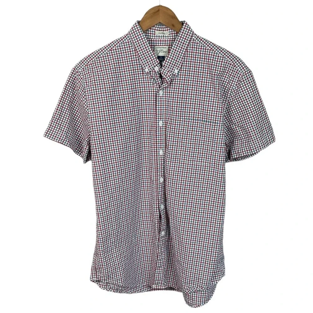 BF316 Mens J. Crew Classic Fit Plaid Short Sleeve Preppy Button down Shirt L